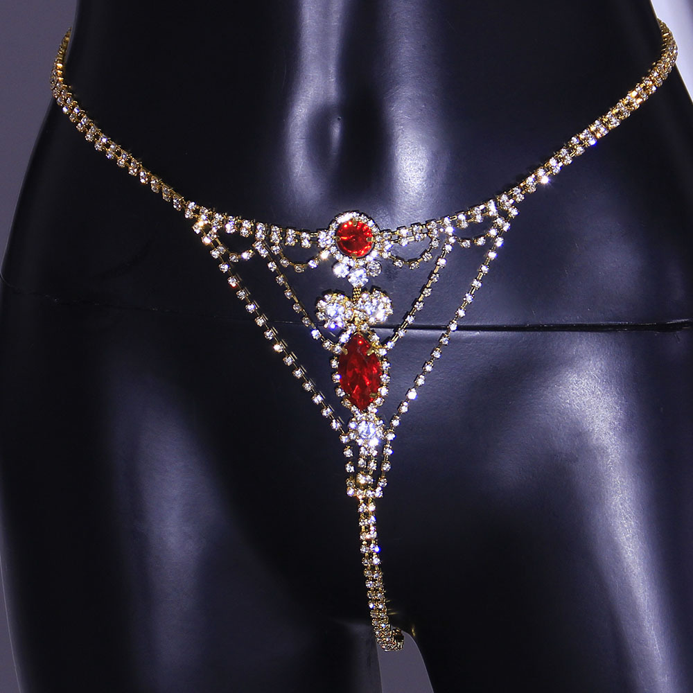 Elegant Rhinestone Thong Body Chain with Gold Crystal Detail